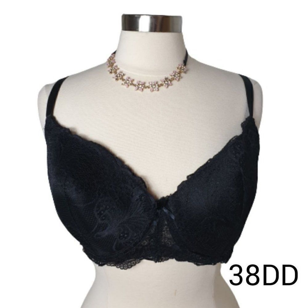 Women's Bra 38DD Black Lace Full Coverage Molded Cups Underwire 38E Bra
